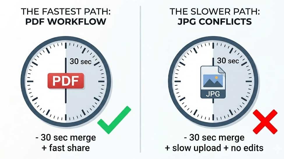 wo clocks side-by-side comparing file workflows. The left clock shows a fast PDF merge and share process with a green checkmark. The right clock illustrates a slower JPG workflow with "slow upload" and "no edits" labels, marked with a red 'X