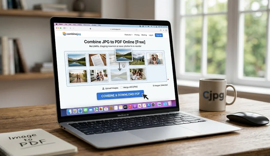 Combine JPG to PDF Online Tool Interface on MacBook Air - Free Image to PDF Converter No Limits