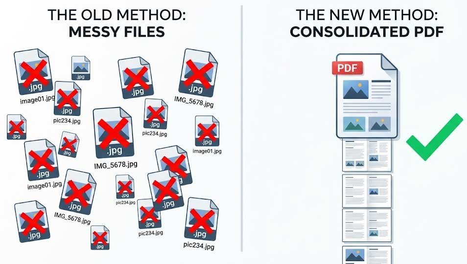 A split-screen comparison showing a cluttered group of JPG icons with red 'X' marks on the left, and a single, neatly organized multi-page PDF document with a green checkmark on the right. Modern flat design style for a tech blog.