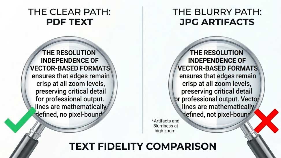 A close-up comparison under magnifying glasses showing the difference in text quality. The left side (PDF) displays sharp, vector-based crisp letters, while the right side (JPG) shows blurry, pixelated text artifacts.