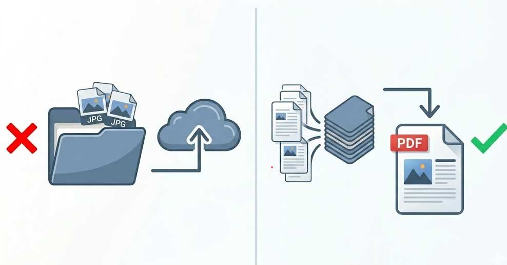 A horizontal infographic showing the process of converting multiple JPG files into a single PDF. Icons include a messy folder, a cloud upload arrow, a merge symbol for stacking pages, and a final download arrow pointing to a professional PDF file.