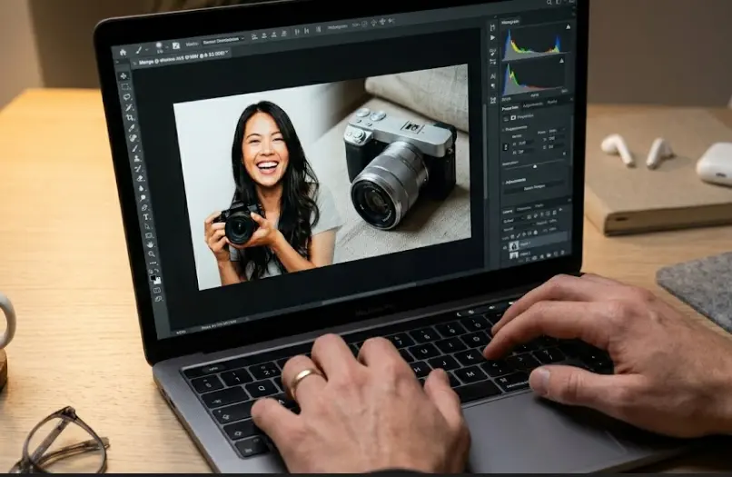 hands merging two photos on laptop screen